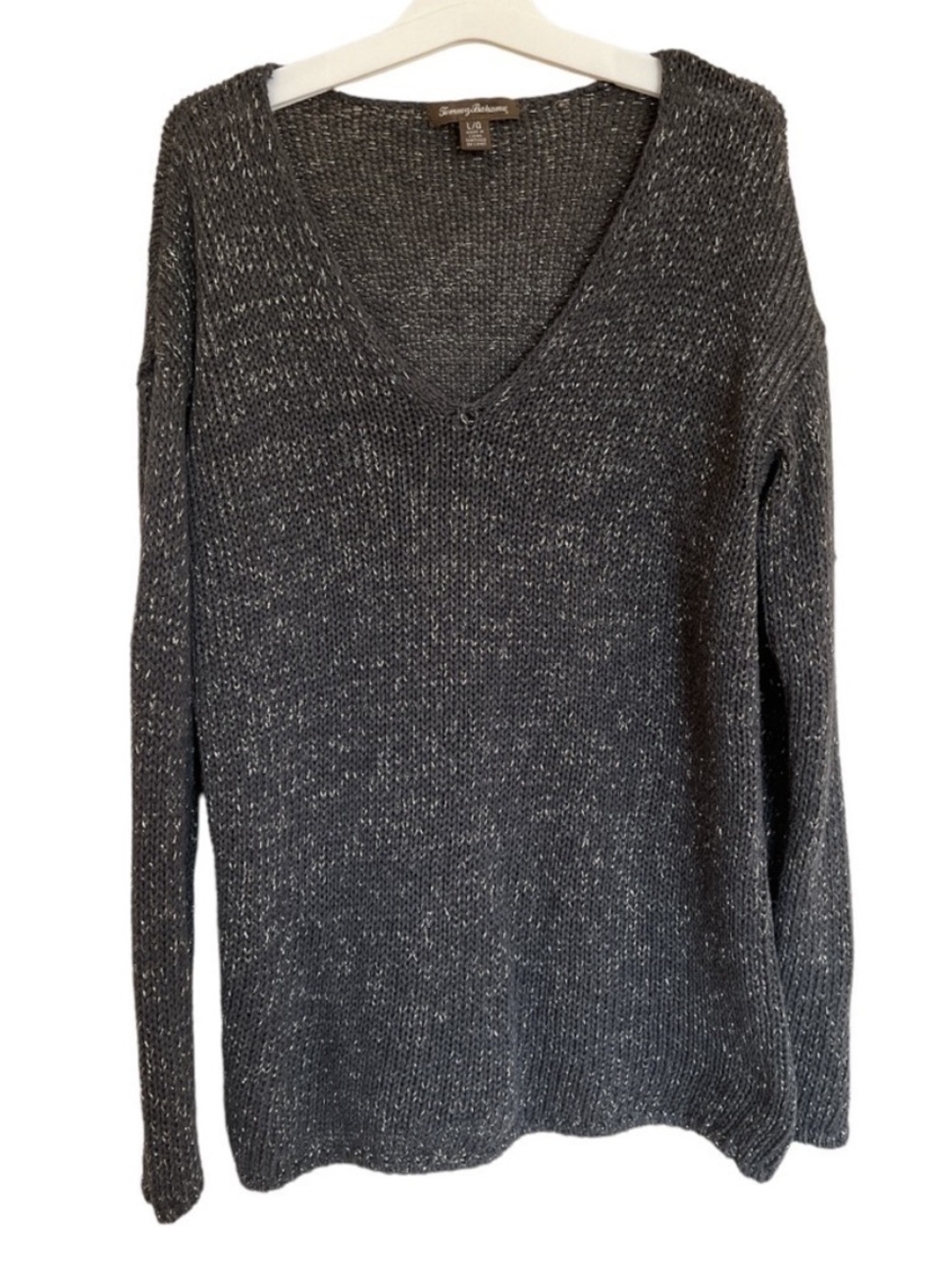 Tommy Bahama Metallic V-Neck Pullover Sweater Gray Shimmer Knit